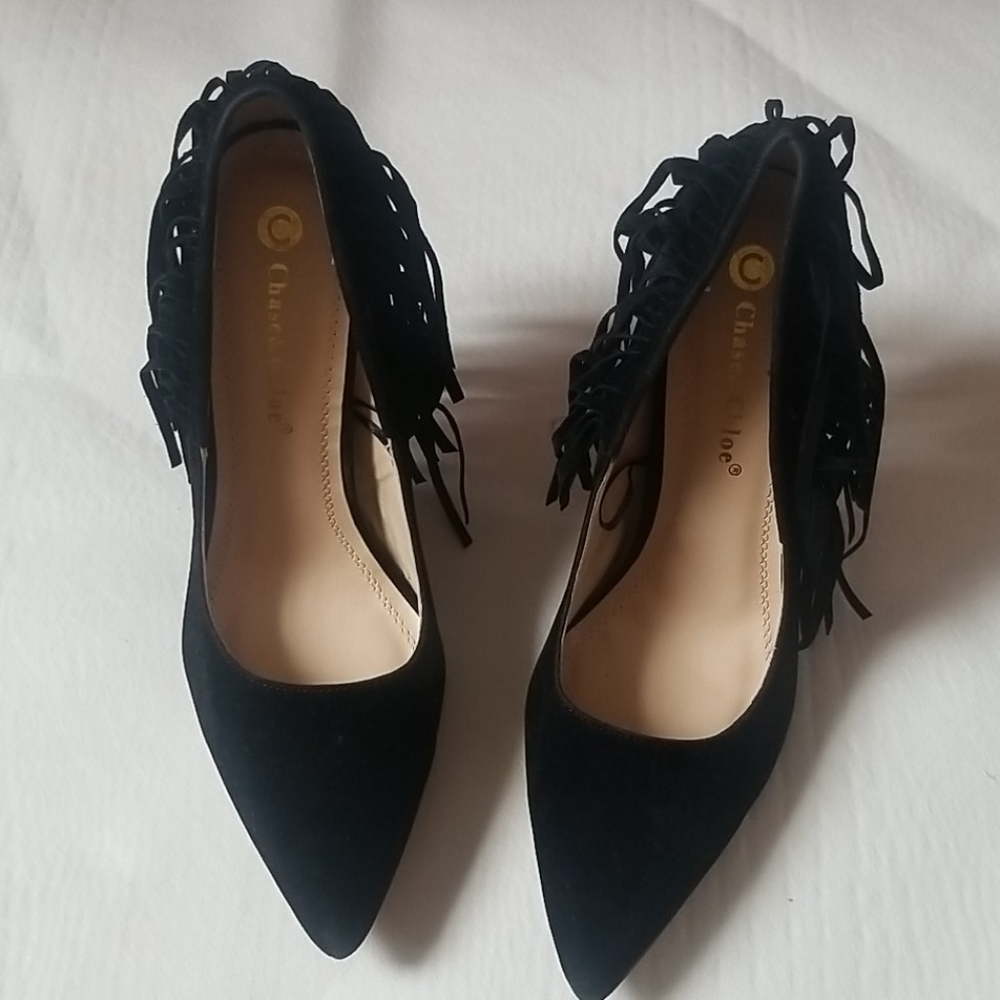 Black suede fringe heels